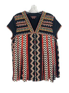 Ranna Gill Boho Tribal Print Blouse Embroidered Yoke Geometric Global Shirt Sz 6